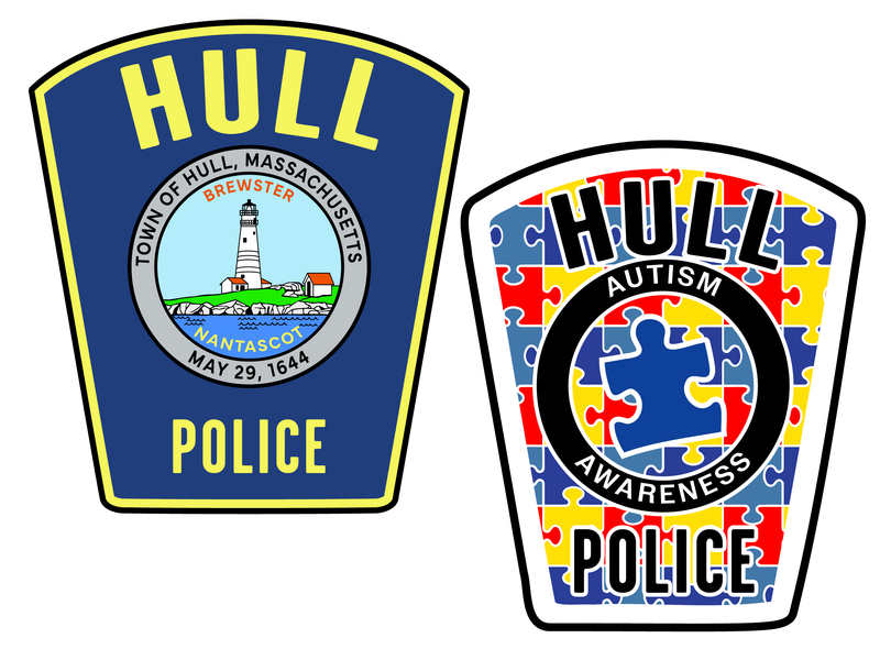 Two police badges, one for Hull Police and another for Hull Autism Awareness Police, on a white background.