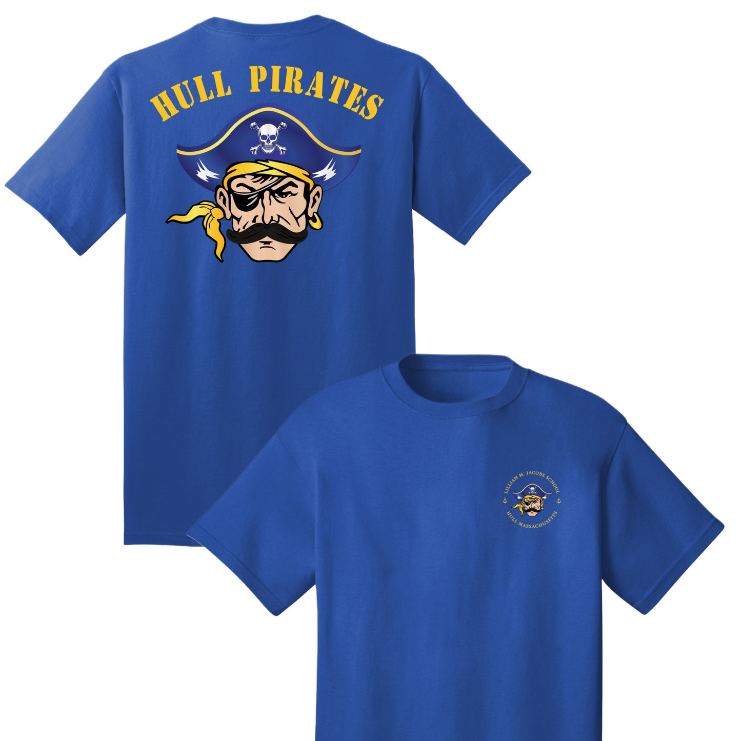 Blue t-shirt with 'Hull Pirates' design on front and back
