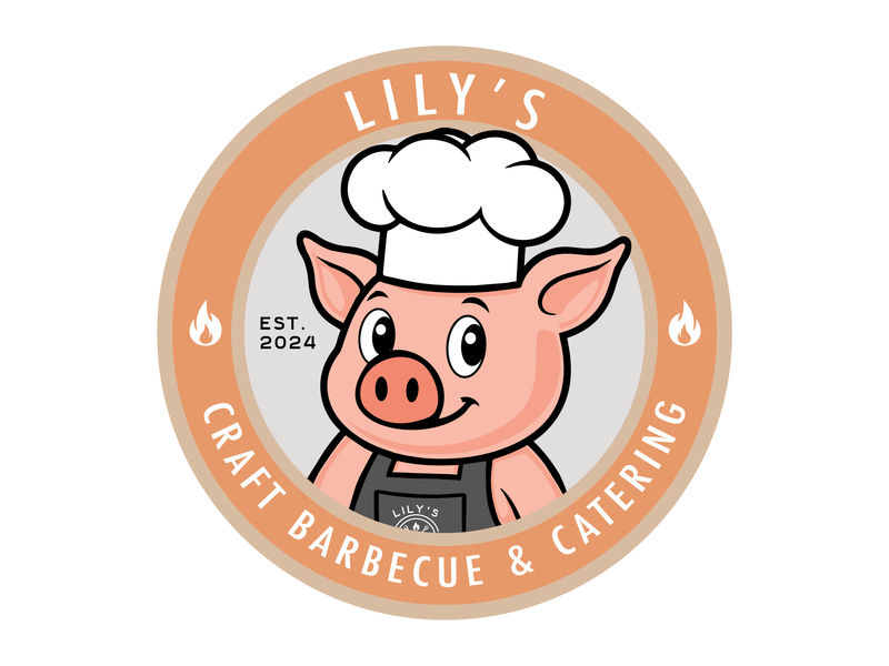 Logo of Lily's Craft Barbecue & Catering with a cartoon pig wearing a chef's hat.