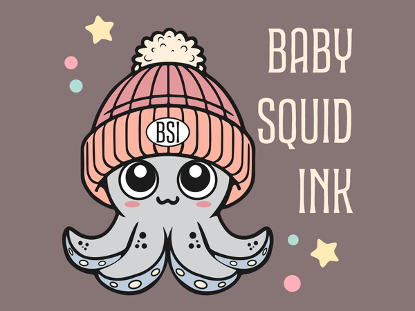 Cartoon squid wearing a pink beanie with 'BSI' logo on a brown background with 'Baby Squid Ink' text.