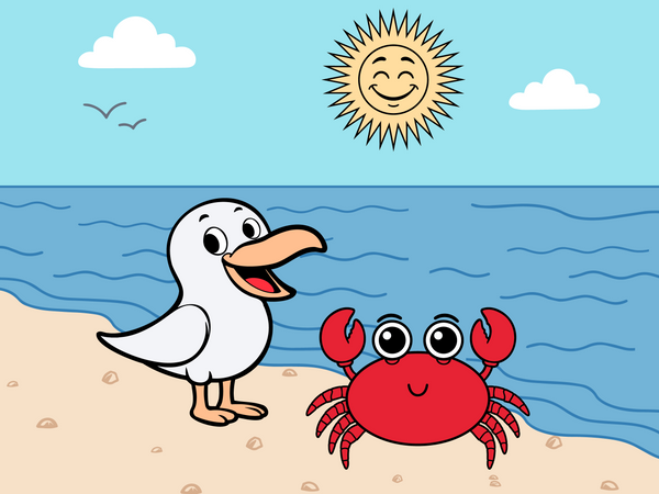 Cartoon duck and crab on a beach with a smiling sun and blue sky.