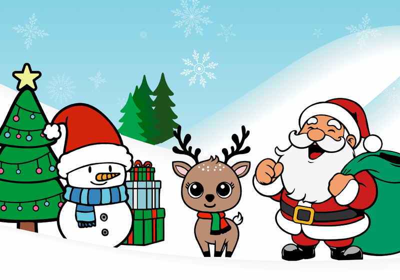 Cartoon Santa Claus, snowman, reindeer, and Christmas tree with presents on a snowy background.