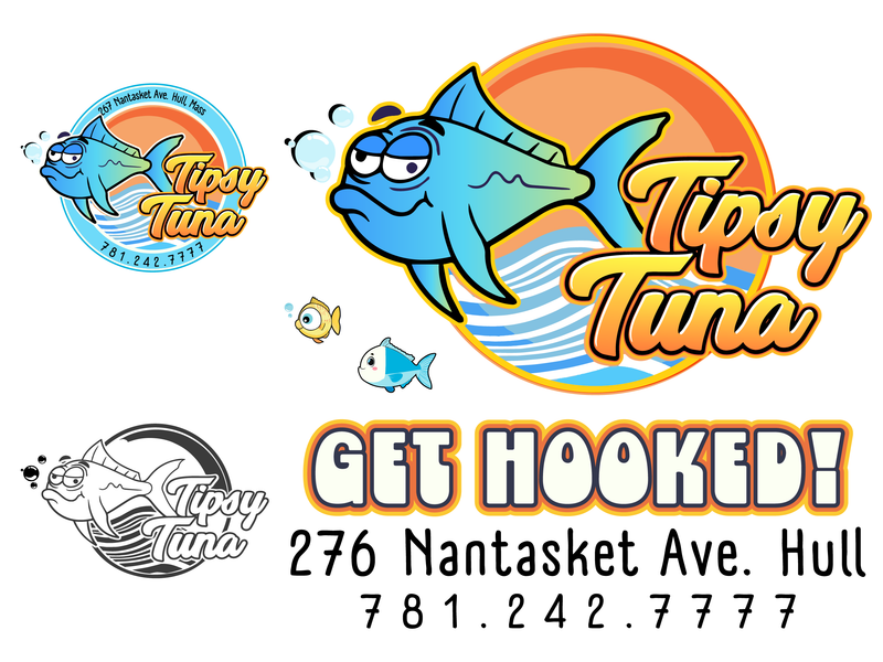 Tipsy Tuna branding with a fish graphic and contact information on a white background