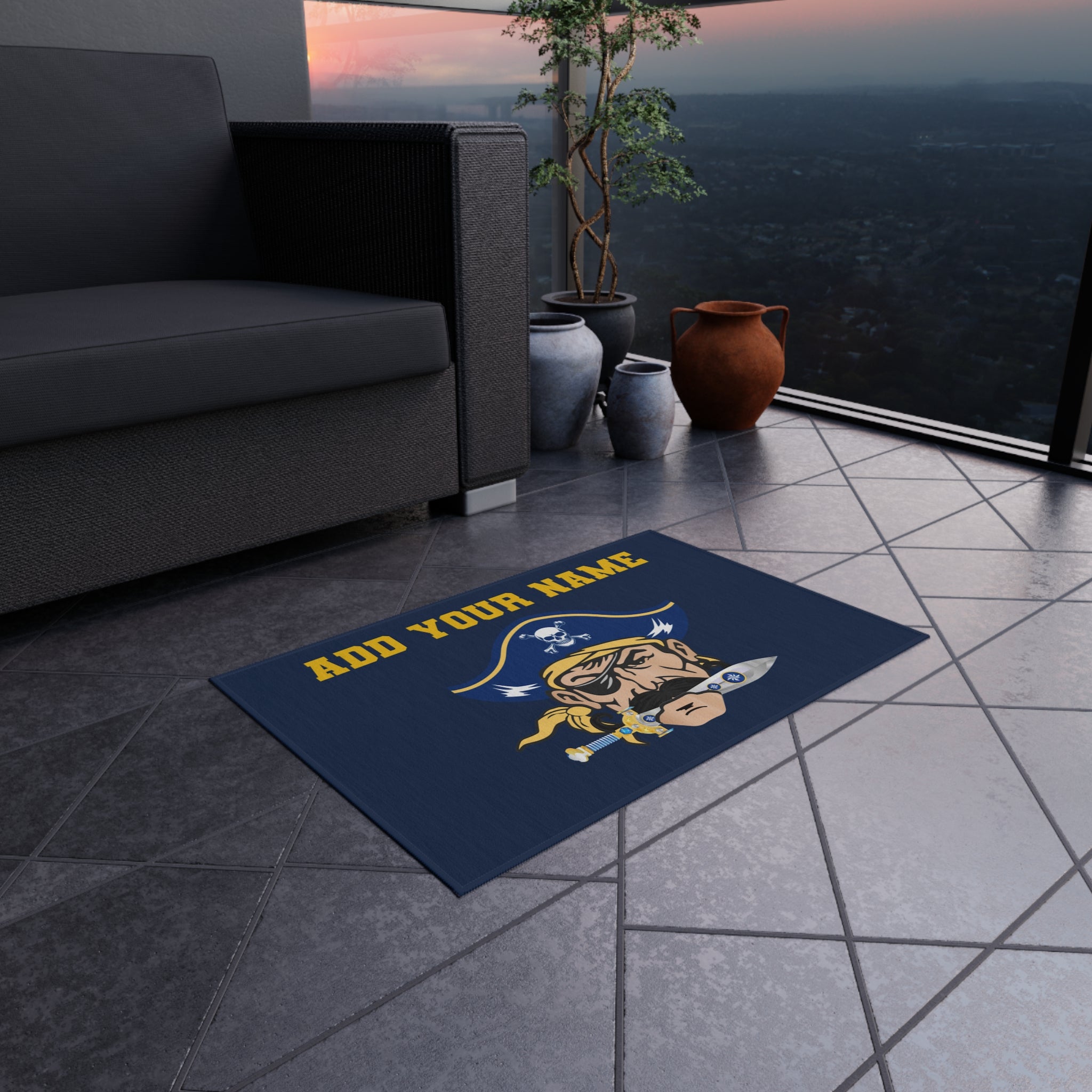 Hull Pirates- Personalized Pirate Outdoor Rug — Custom Name Nautical Doormat for Patio & Entry
