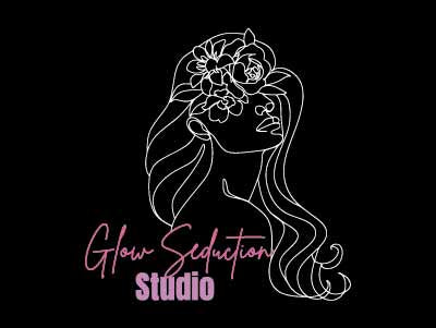 Logo of Glow Seduction Studio with a stylized line art of a woman's face and floral hair on a black background.