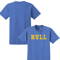 Blue t-shirt with 'HULL' printed on the front, shown from front and back views.