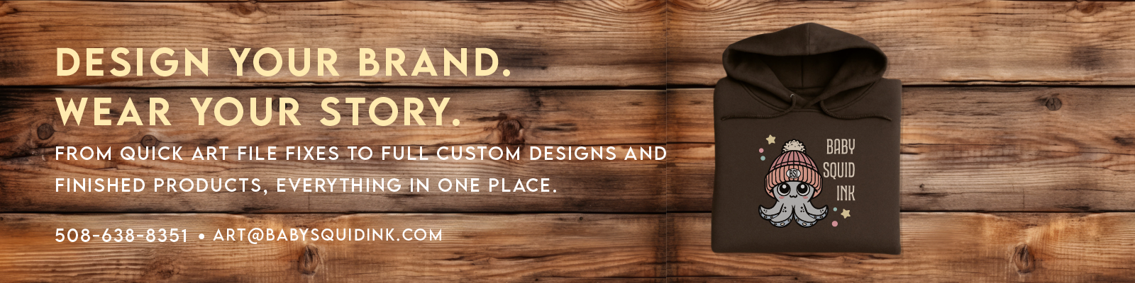 Brown hoodie with branding on a wooden background with promotional text.