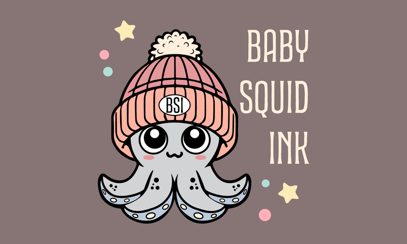 Cartoon octopus wearing a pink beanie with 'BS' logo on a brown background with 'Baby Squid Ink' text.