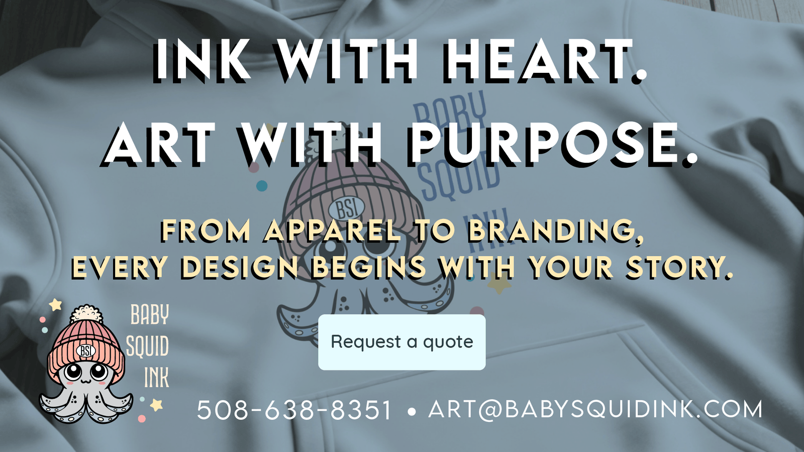 Promotional graphic for Baby Squid Ink with text and contact information.