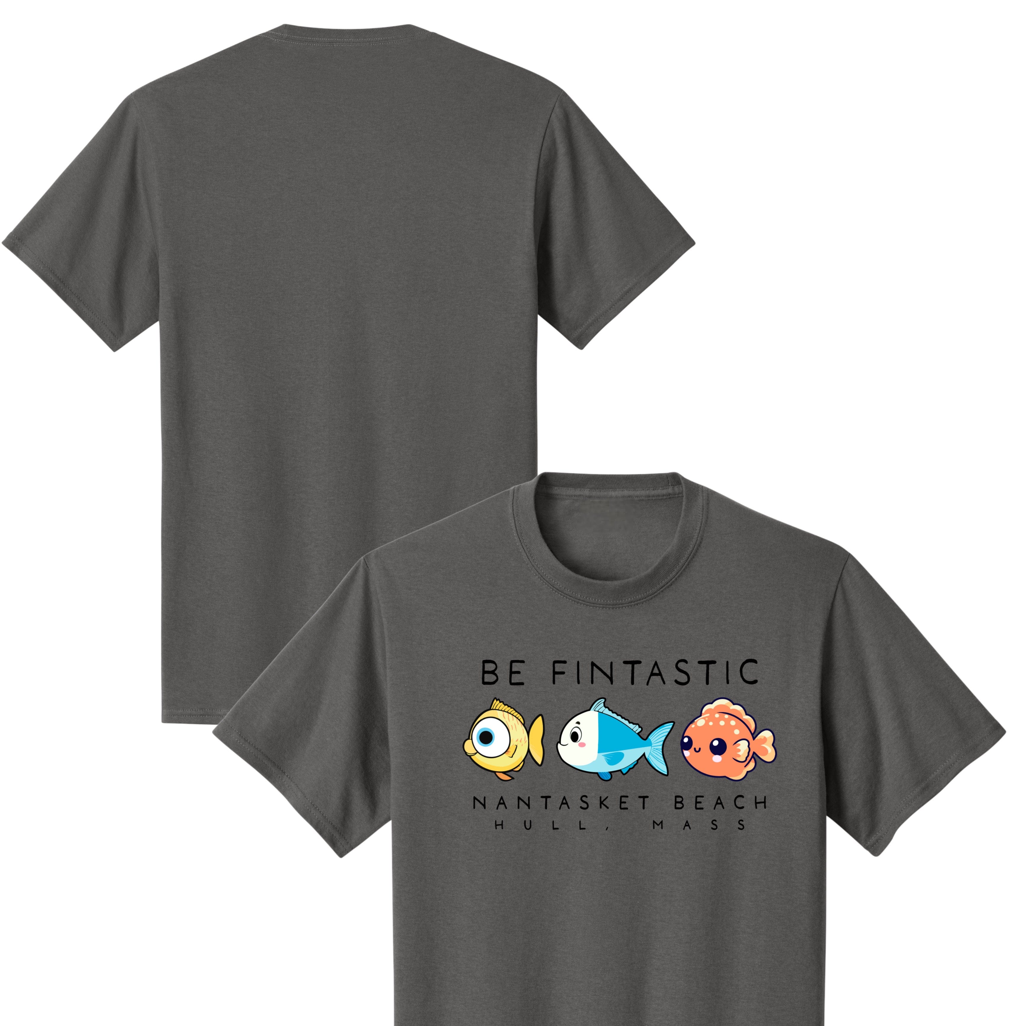 Gray t-shirt with colorful fish graphic and text on a white background
