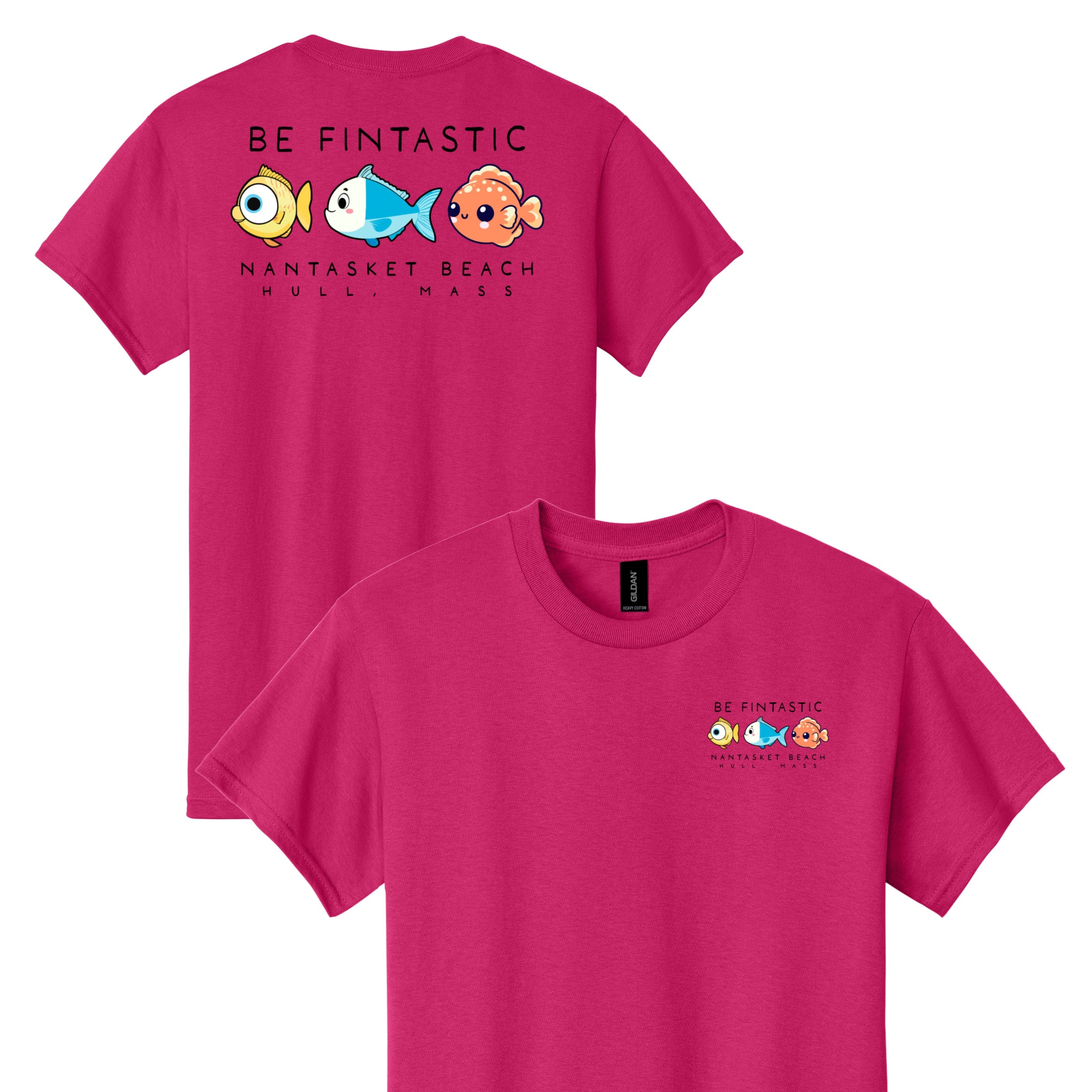 Pink t-shirt with cartoon fish design on front and back