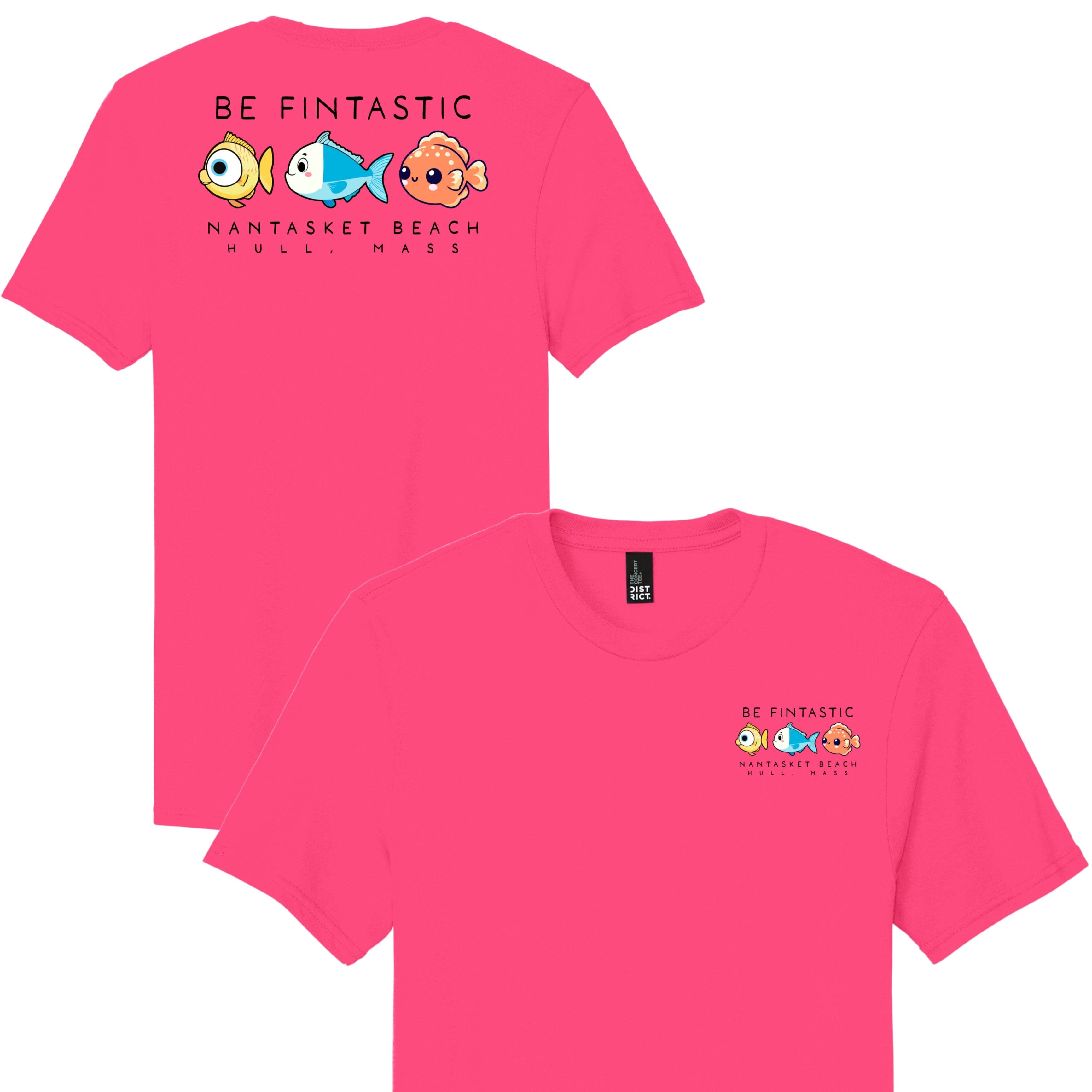 Pink t-shirt with colorful fish design and text on a white background
