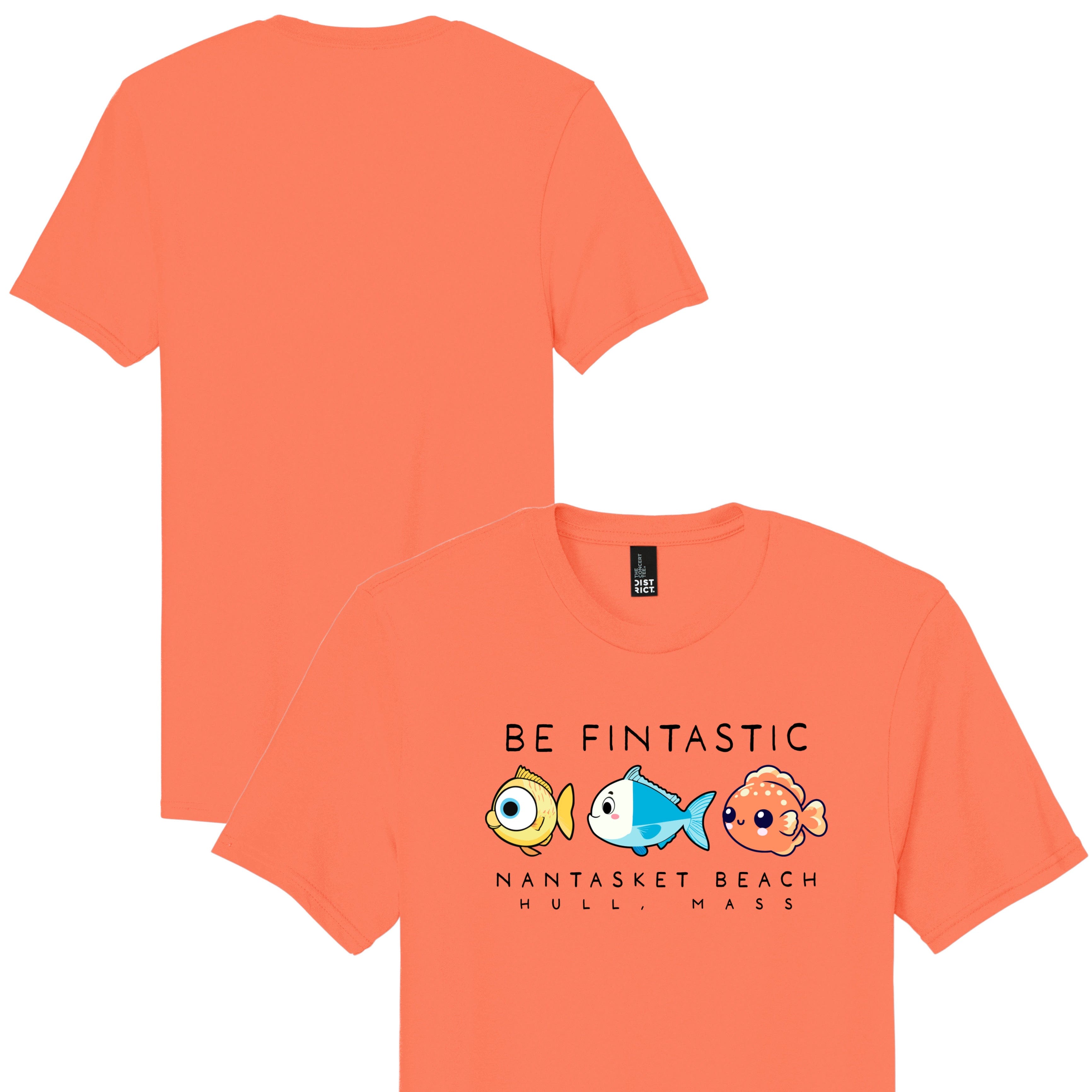 Orange t-shirt with cartoon fish design and text on a white background