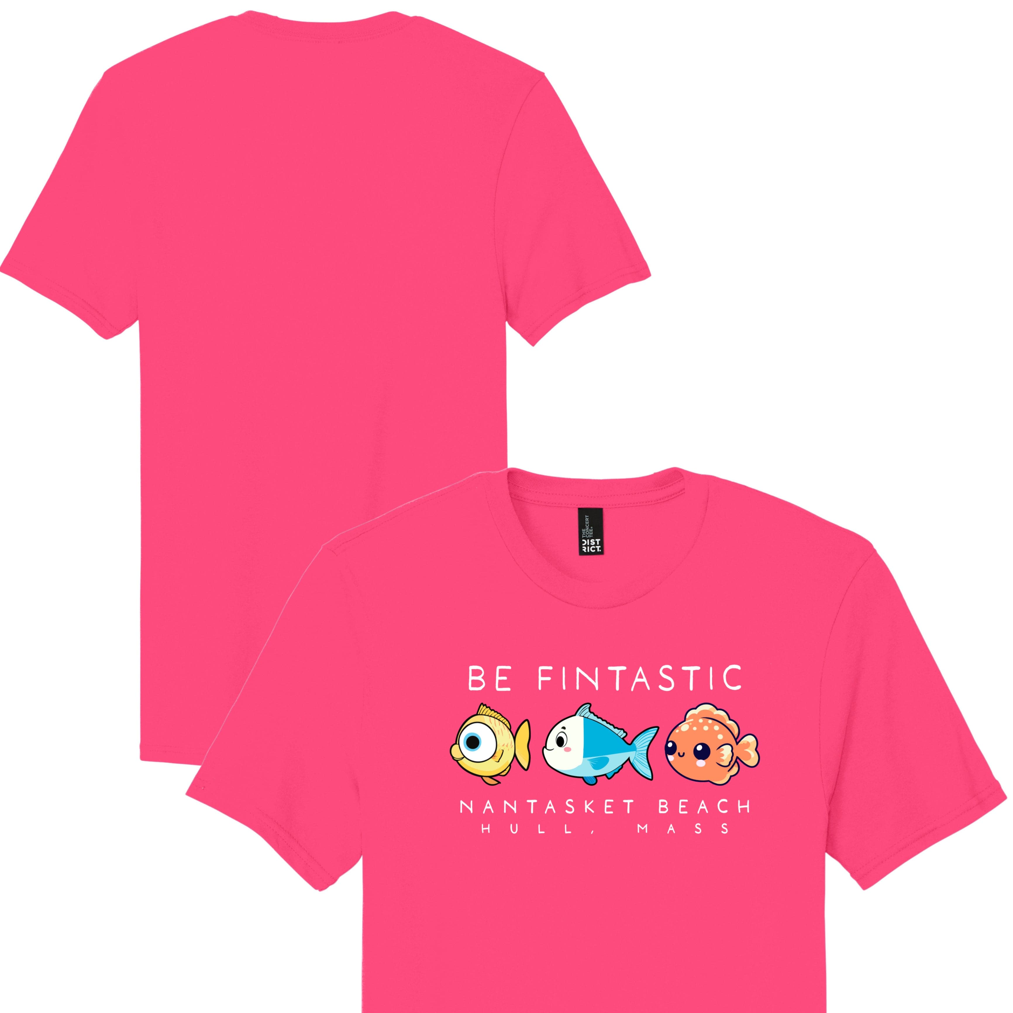 Pink t-shirt with cartoon fish design and text on a white background