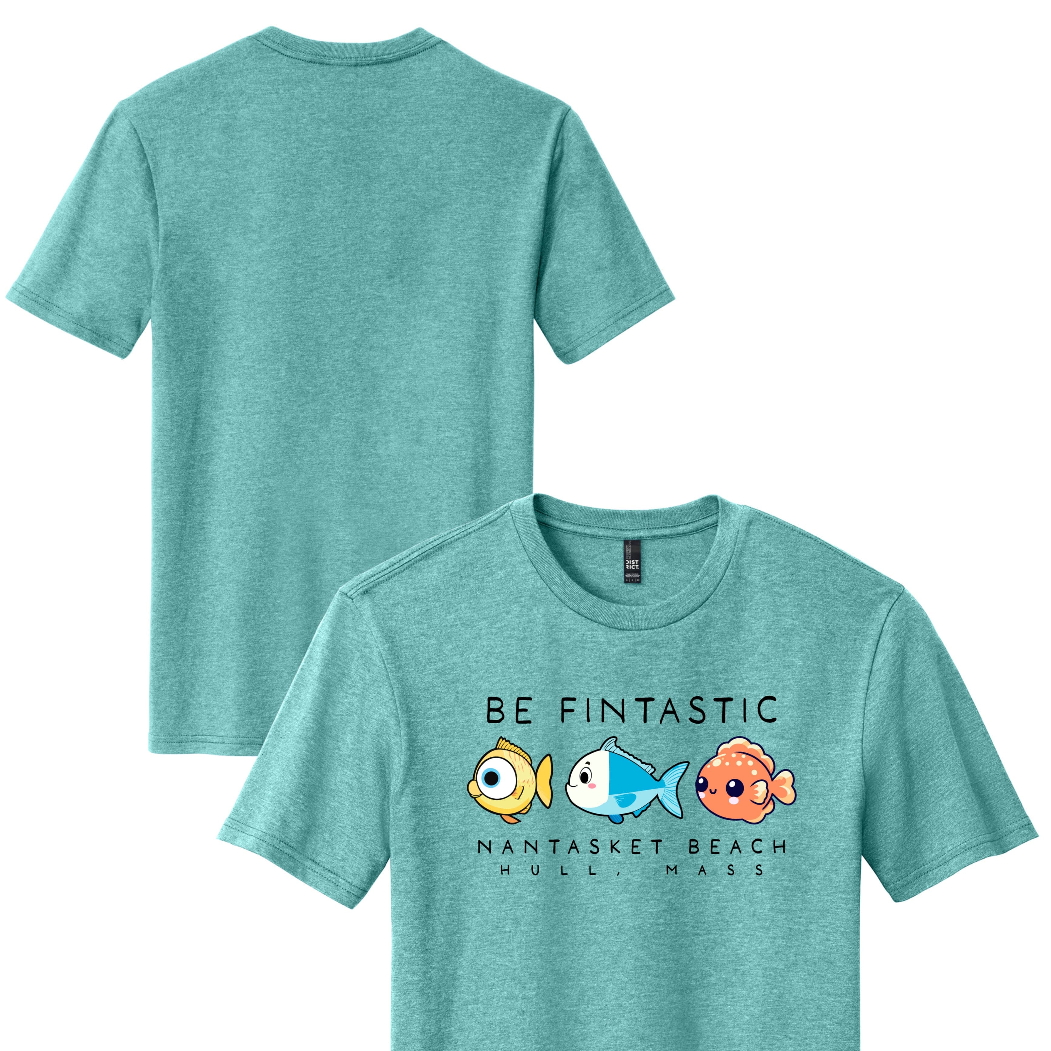 Teal t-shirt with cartoon fish design and text on a white background