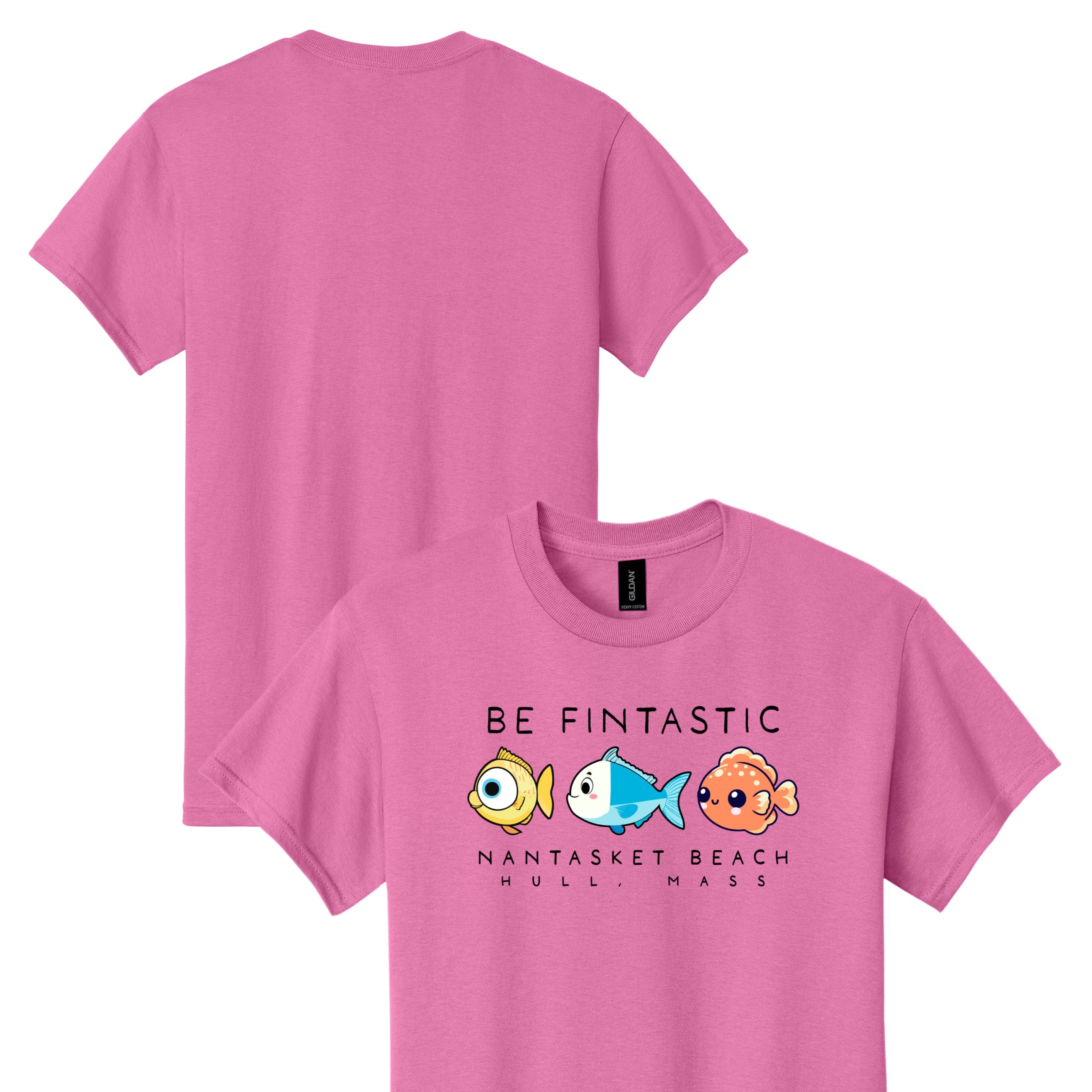 Pink t-shirt with cartoon fish design and text on a white background