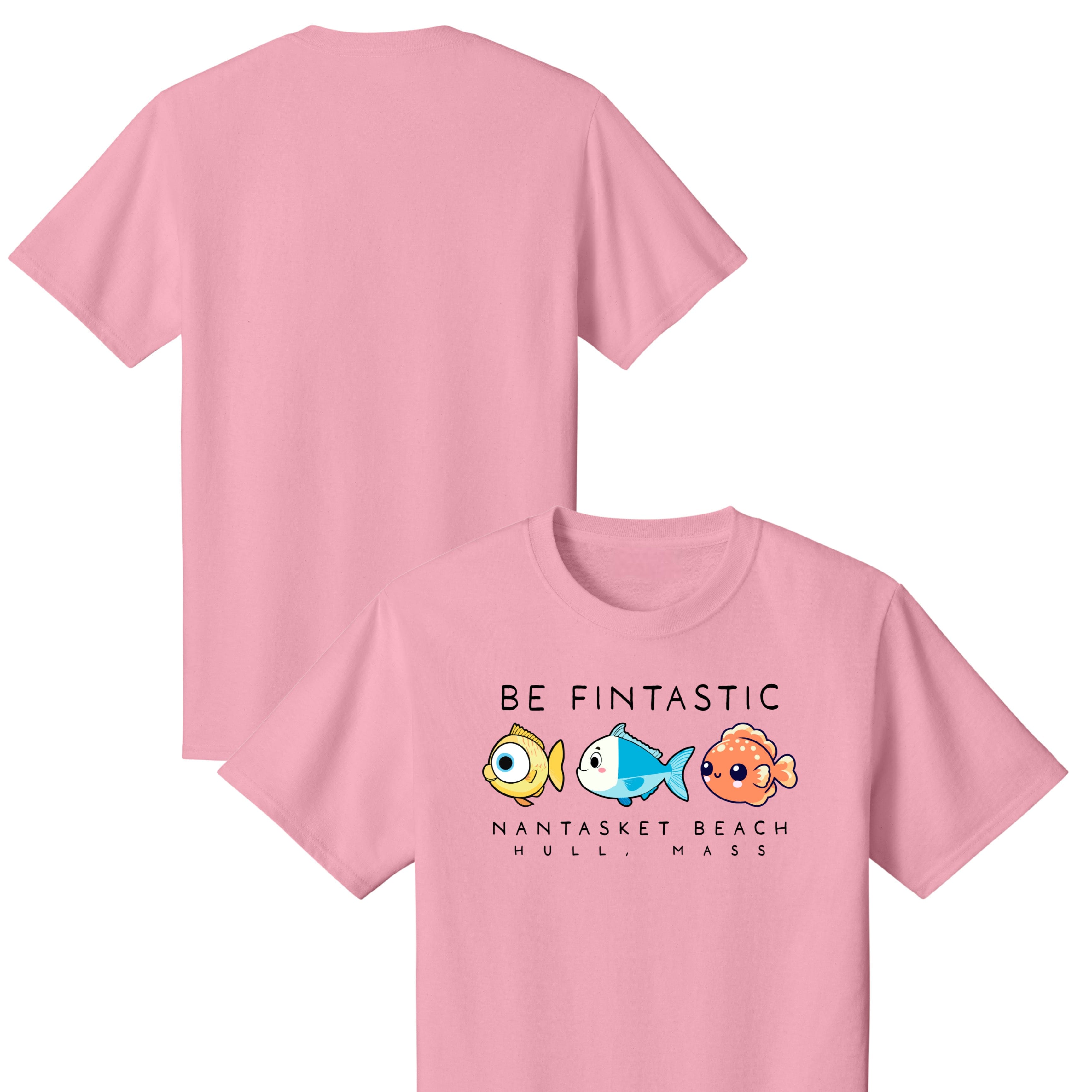Pink t-shirt with cartoon fish design and text on a white background