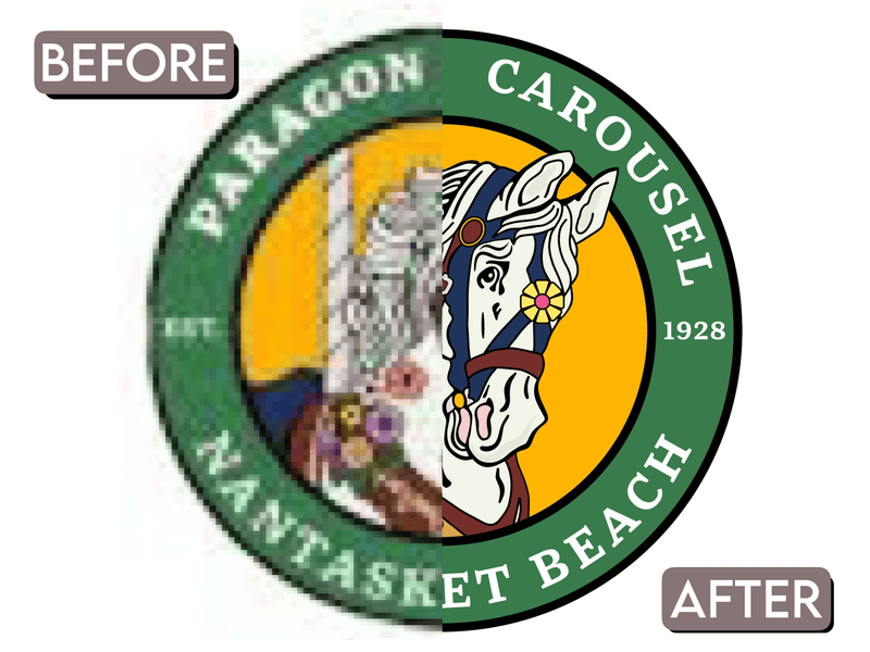 Paragon Carousel Nantasket Beach logo with a before and after comparison on a white background