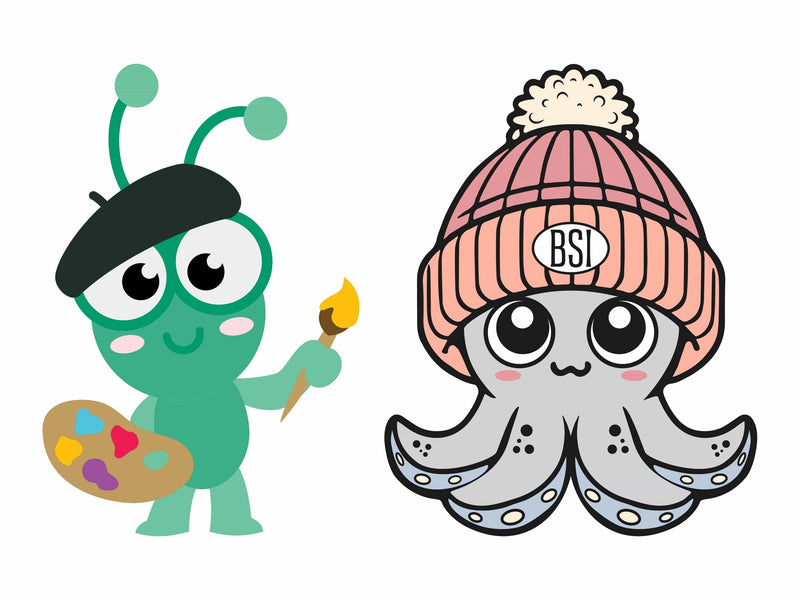 Illustration of a green alien with a paintbrush and an octopus wearing a pink beanie with a BSI logo on a white background.