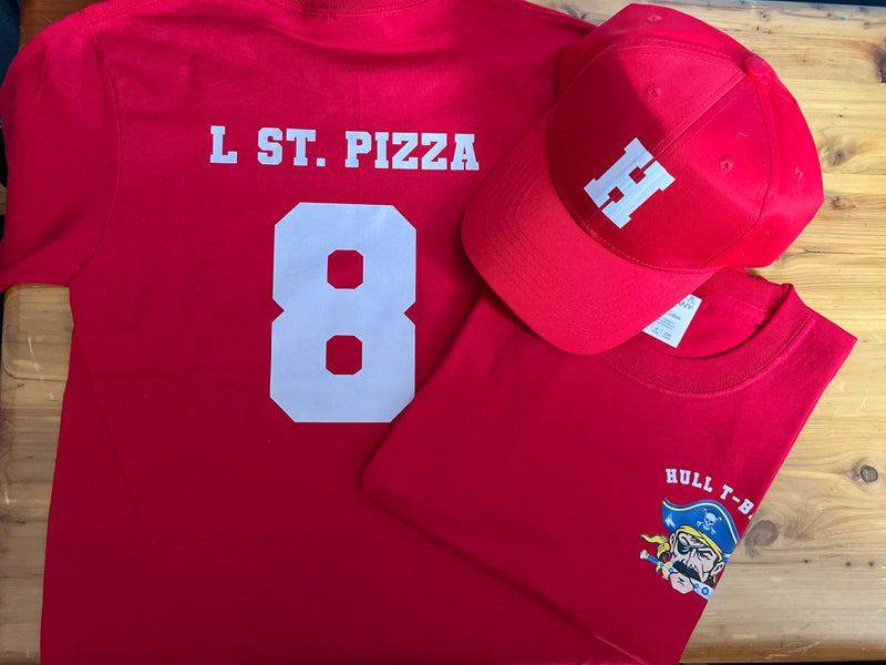 Red t-shirt with 'L ST. PIZZA' and number '8', red cap, and red sweatshirt with 'Hull T-B' logo on a wooden surface.