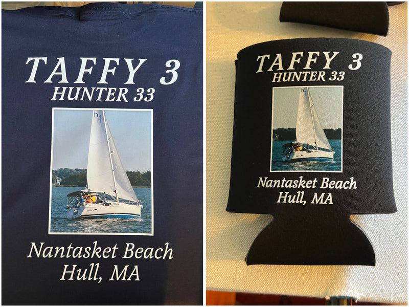 Nantucket-themed t-shirt and can cooler with sailboat imagery and text.