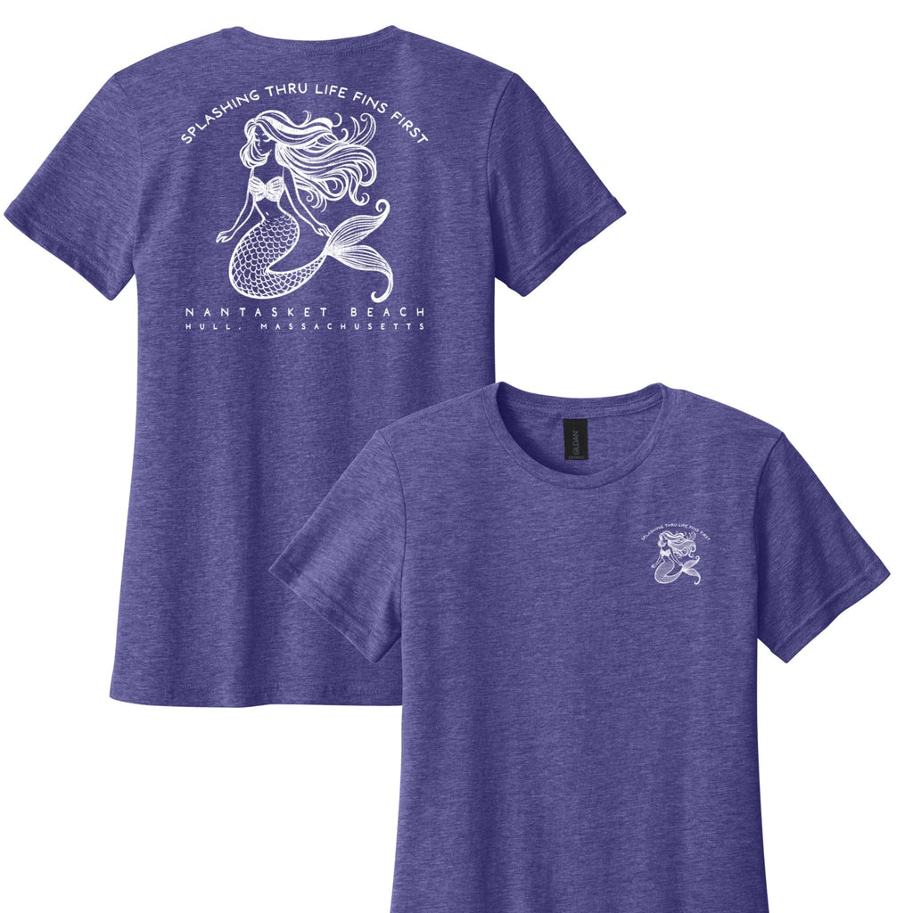 Purple t-shirt with mermaid design on front and text on back, displayed on a white background.