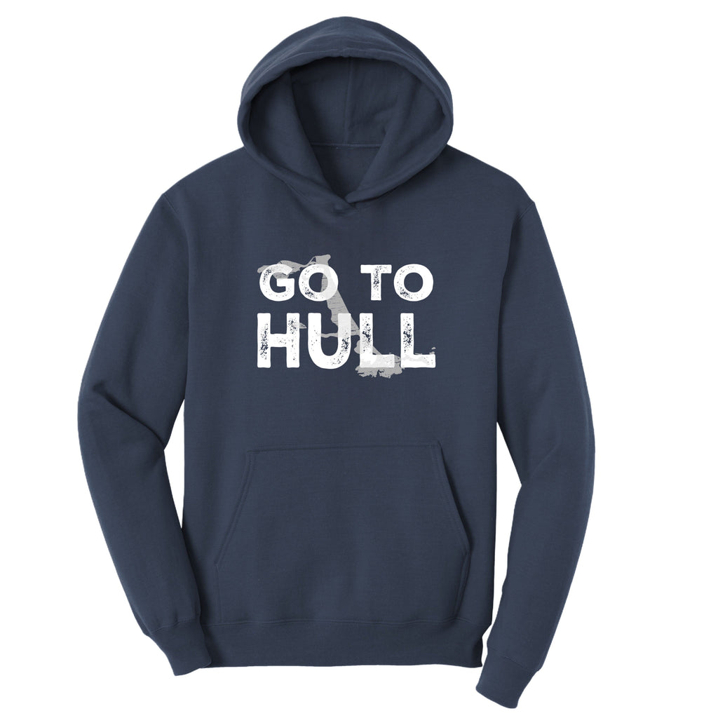Navy blue hoodie with 'GO TO HULL' text on a white background