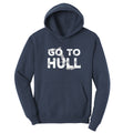 Navy blue hoodie with 'GO TO HULL' text on a white background