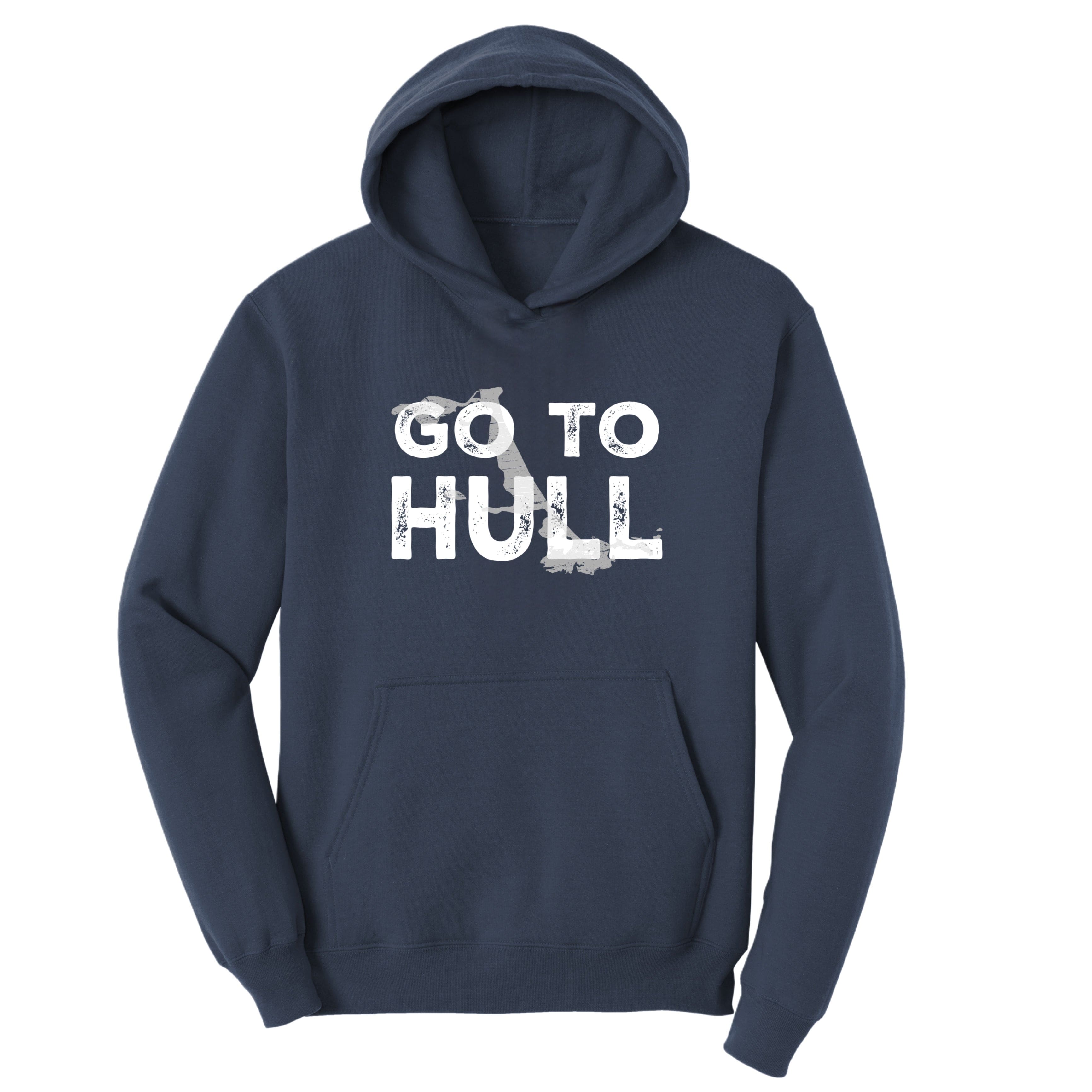 Navy blue hoodie with 'GO TO HULL' text on a white background