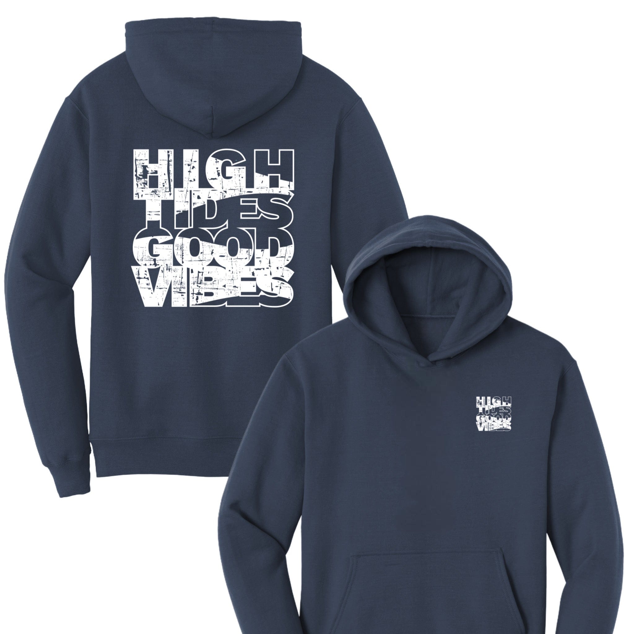 Navy blue hoodie with white text and logo on a white background