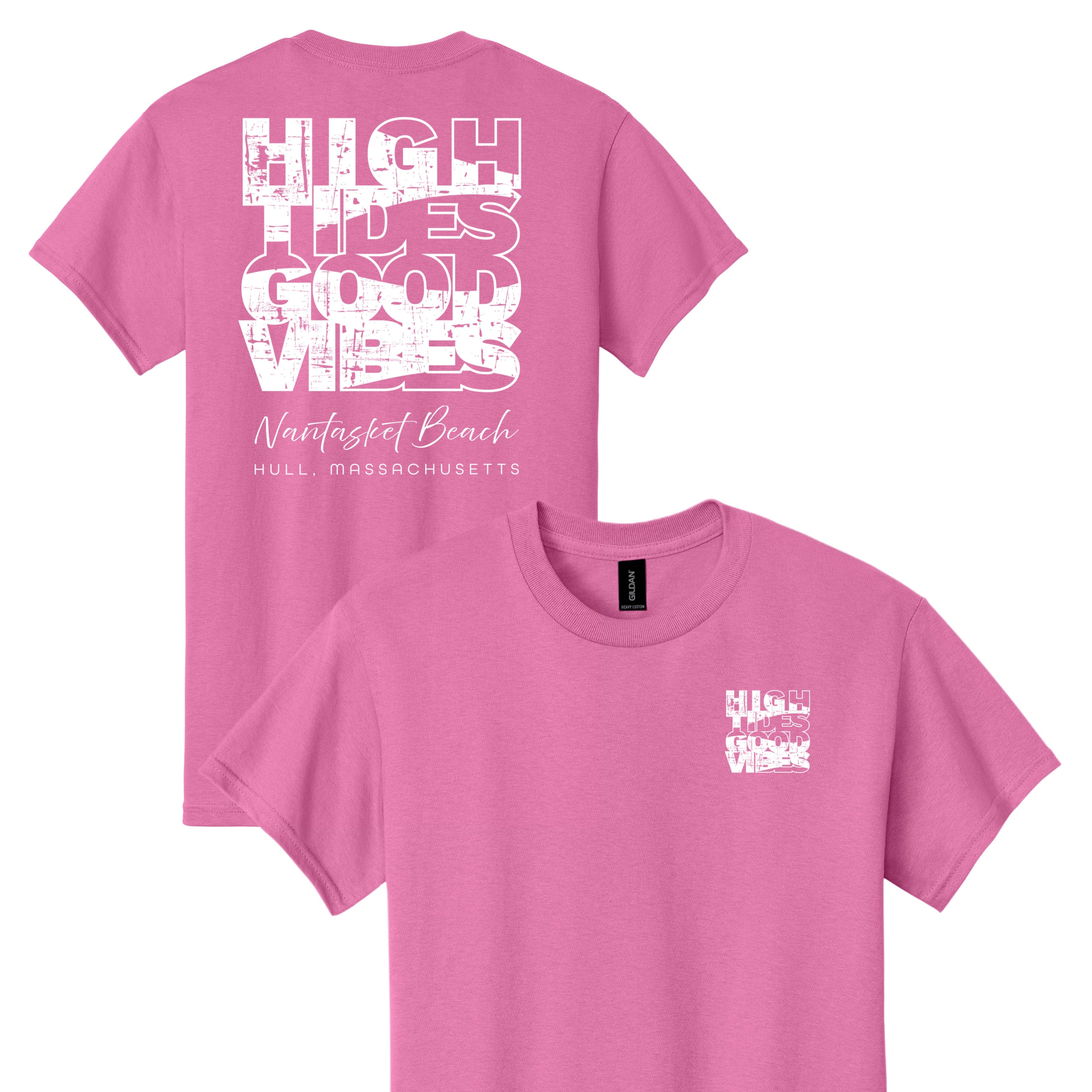Pink t-shirt with white text on a white background