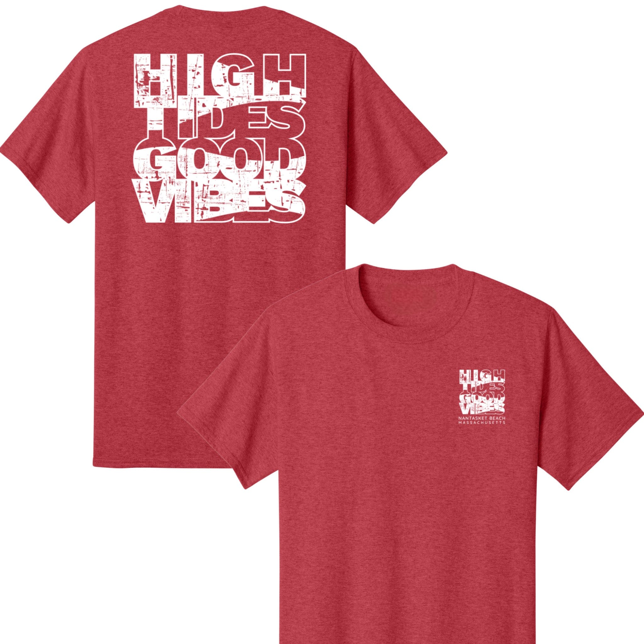 Red t-shirt with white text on the front and back on a white background