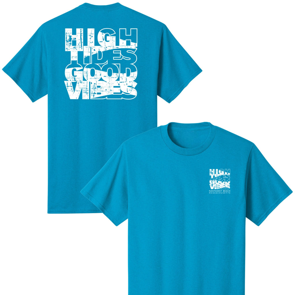 Blue t-shirt with white text on a white background