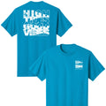 Blue t-shirt with white text on a white background