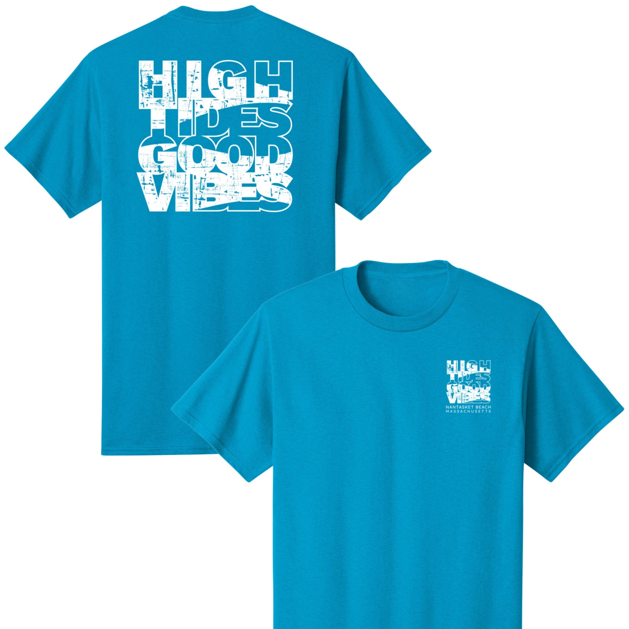 Blue t-shirt with white text on a white background