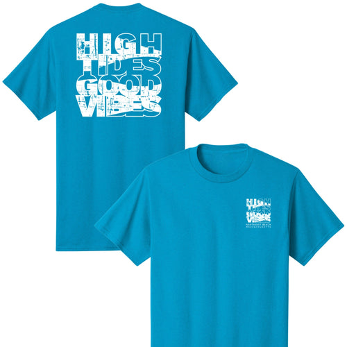 Blue t-shirt with white text on a white background
