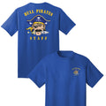 Blue t-shirt with 'Hull Pirates Staff' design on a white background