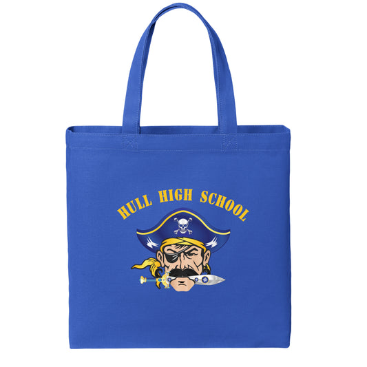 Blue tote bag with a pirate design and 'Hull High School' text on a white background