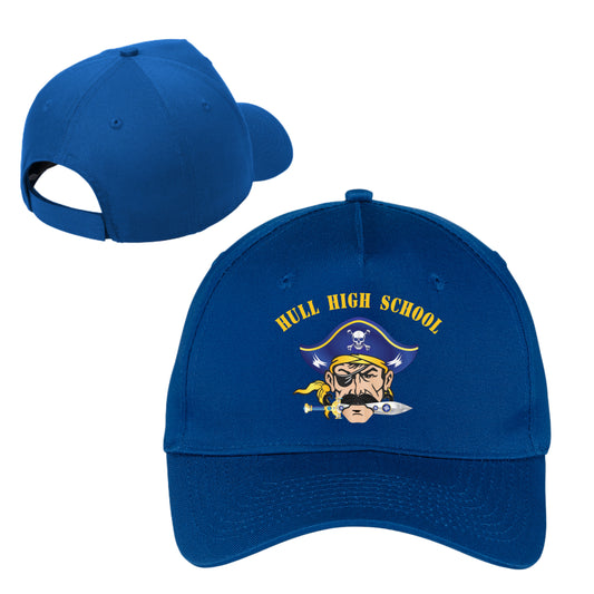 Blue cap with 'Hull High School' logo featuring a pirate design on a white background