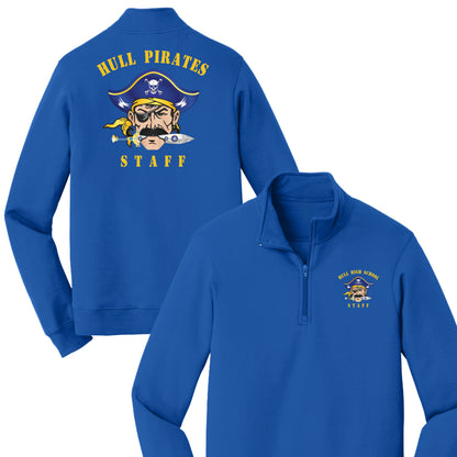 Blue pullover with 'Hull Pirates Staff' design on a white background