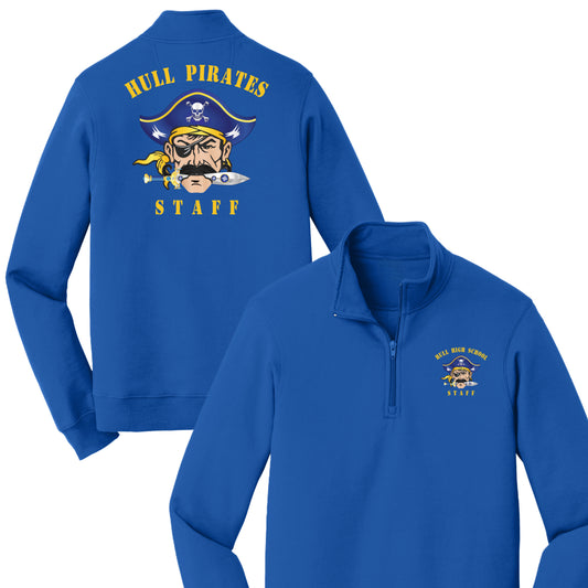 Blue pullover with 'Hull Pirates Staff' design on a white background