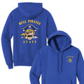 Blue hoodie with 'Hull Pirates Staff' design on front and back