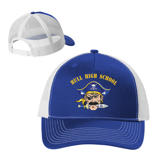 Blue and white cap with 'Hull High School' logo on a white background
