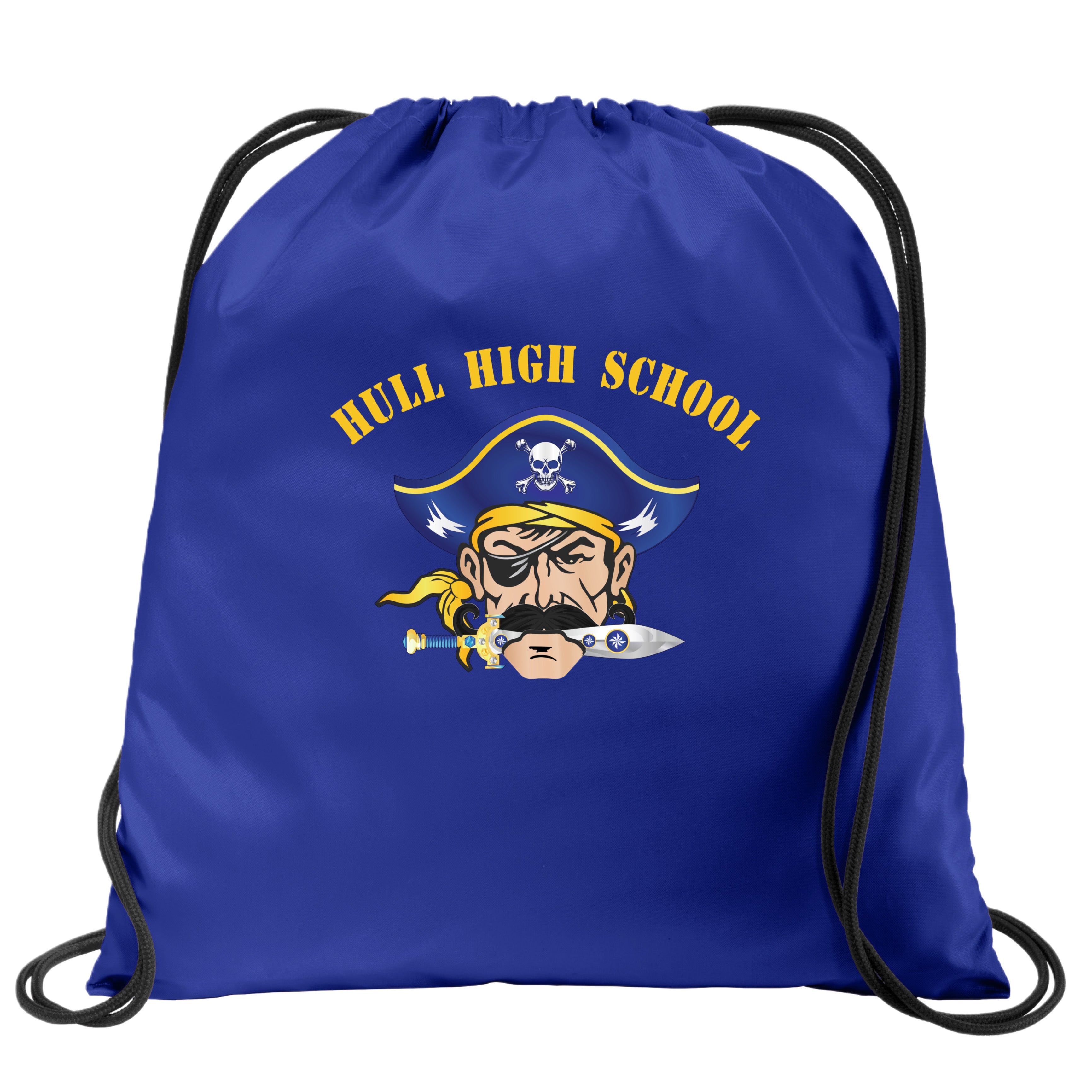 Blue drawstring bag with Hull High School logo featuring a pirate design on a white background