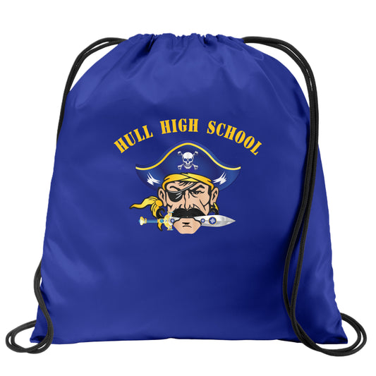 Blue drawstring bag with Hull High School logo featuring a pirate design on a white background