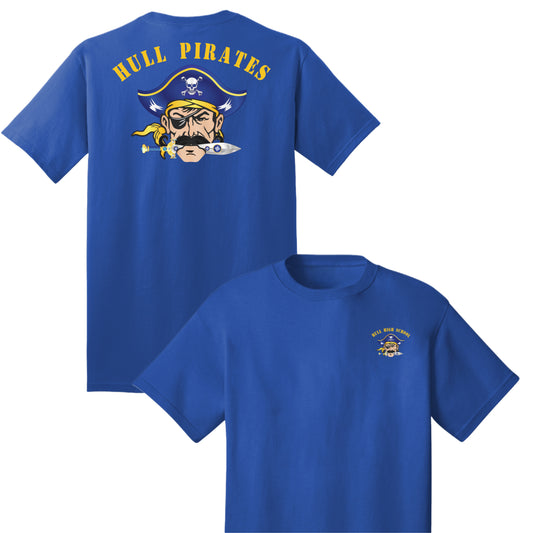 Blue t-shirt with pirate design on the back and logo on the front, on a white background