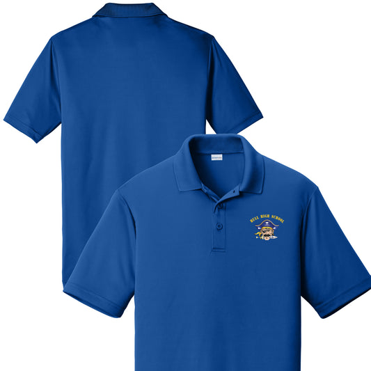 Blue polo shirt with a logo on the chest, shown from front and back views.