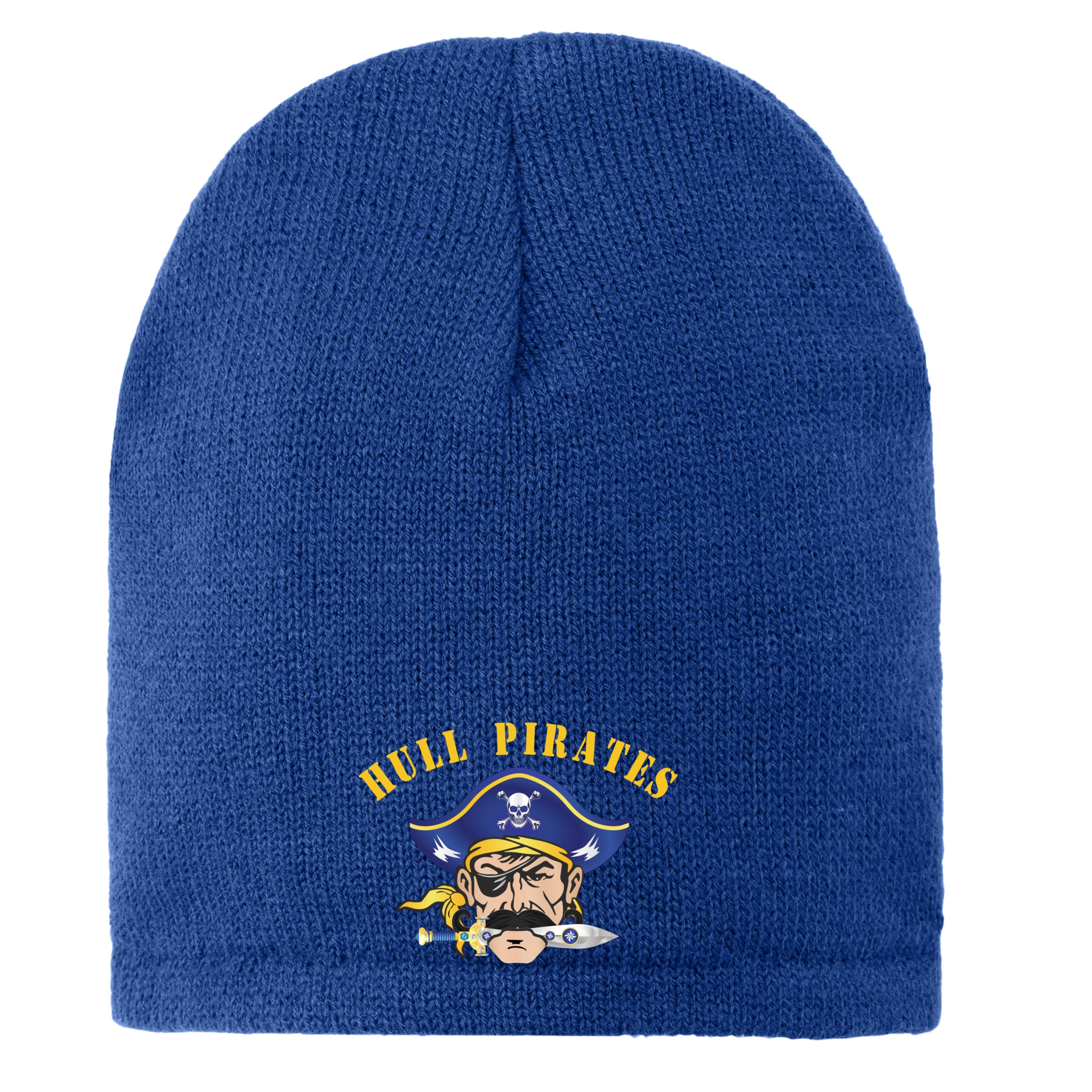 Blue beanie with 'Hull Pirates' logo on a white background