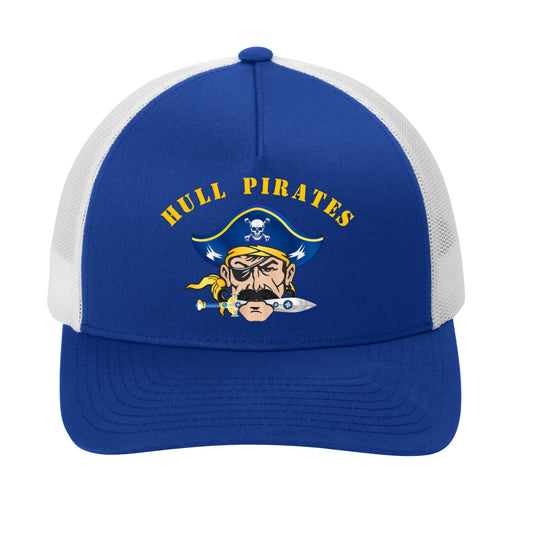 Hull Pirates Adult Trucker Hat – Blue Mesh Cap with Yellow Team Logo  