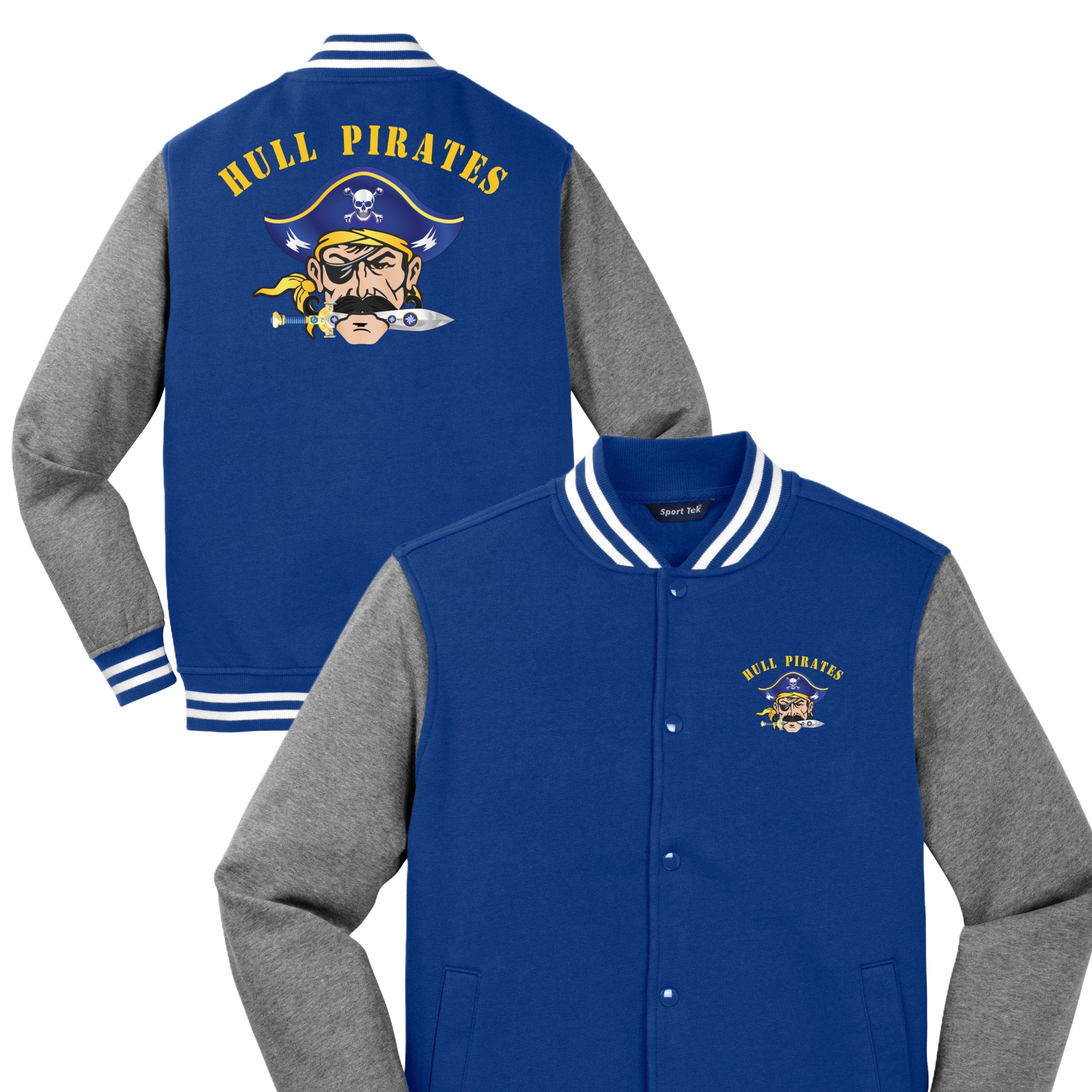 Blue and gray letterman jacket with 'Hull Pirates' logo on a white background